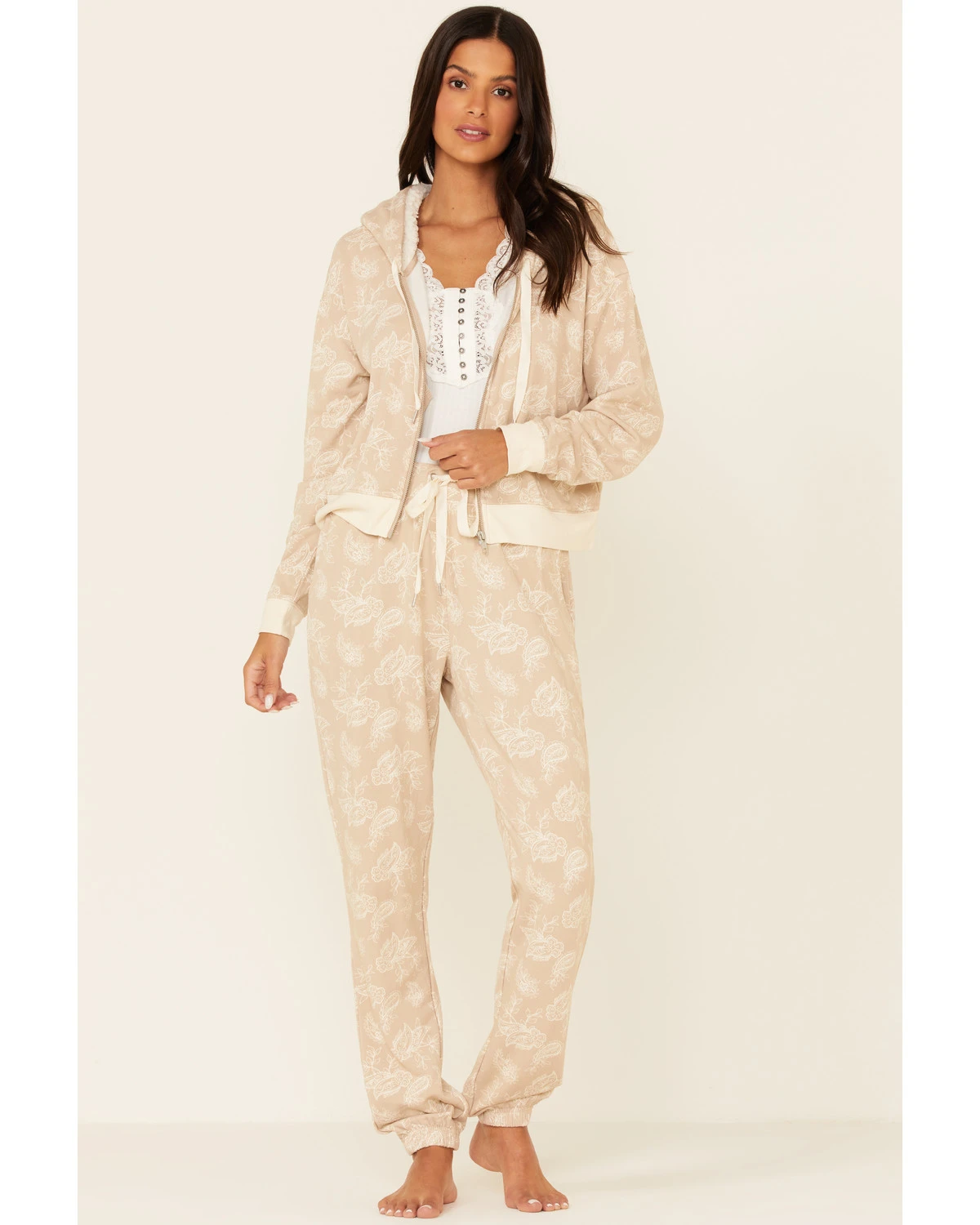 Idyllwind Women's Tan Floral Print Sherpa Zip-Front Hooded Jacket 2 Idyllwind Women's Tan Floral Print Sherpa Zip-Front Hooded Jacket - Image 2